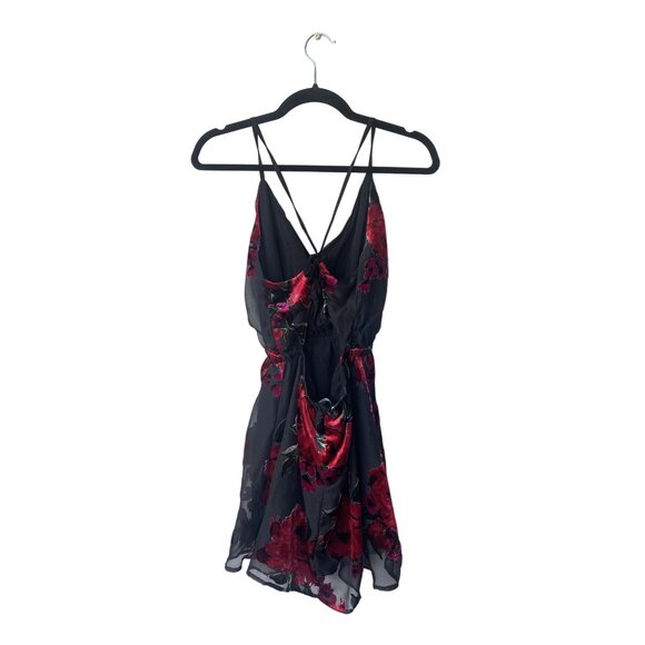 Lulus Dress XS Mini Floral Burnout Velvet Lizbeth Black Red Skater Cocktail - Picture 7 of 12